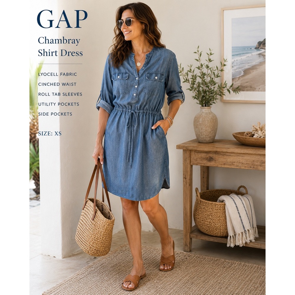 GAP‎ Chambray Lyocell Utility Shirt Dress Cinched Waist XS